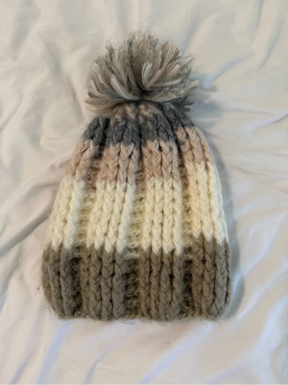 Winter Pom Pom Knitted Hat Grey Pink Womens Snow Cap